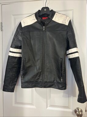 Guess size small Black Faux Leather Bomber Jacket with White Stripes